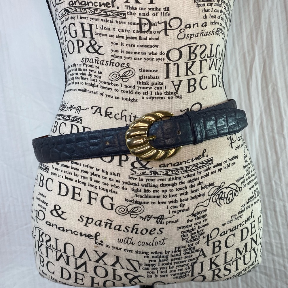 Vintage Gold Metal Shell Style Buckle Navy Alligator Embossed Leather Belt Sz M